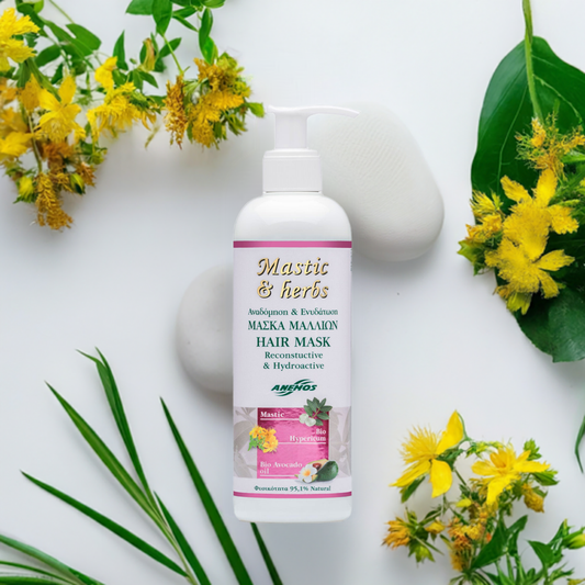 Vlasová maska s mastichou a UV filtrem pro ochranu před slunečním záření.