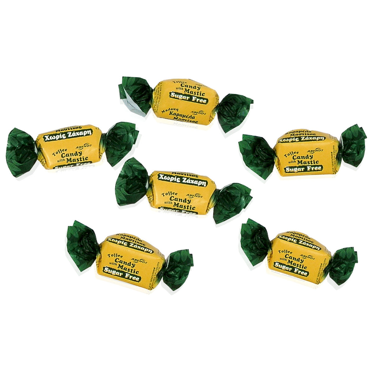 Mastichové toffee bonbony bez cukru, jednotlivě balené bonbony