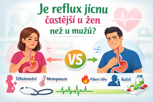 Je reflux jícnu častější u žen než u mužů? Infografika vysvětlující prevalenci a příznaky refluxu.
