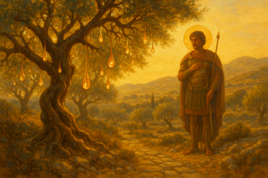 Ilustrace legendy o svatém Isidorovi a vzniku mastichových slz na ostrově Chios