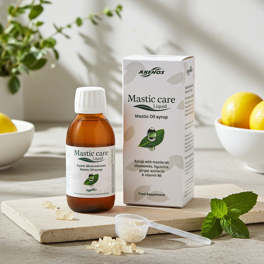 Sirup s mastichovým olejem – Mastic Care Liquid na kameni s krystaly mastichy