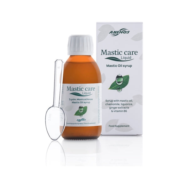 Mastic Care Liquid od Anemos, sirup s mastichovým olejem, hnědá lahvička s odměrkou a krabička